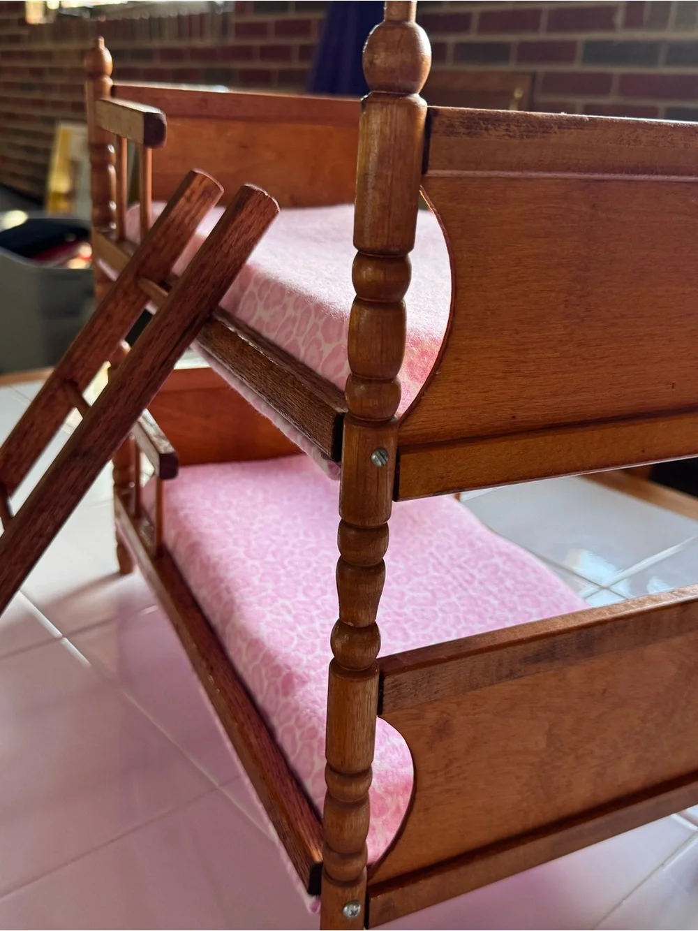 ‘70’s Wooden Doll Bunk Bed with Pink Fabric Mattresses